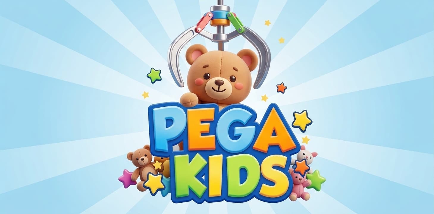 Logo Pega Kids: garra de grua segurando um ursinho de pelúcia